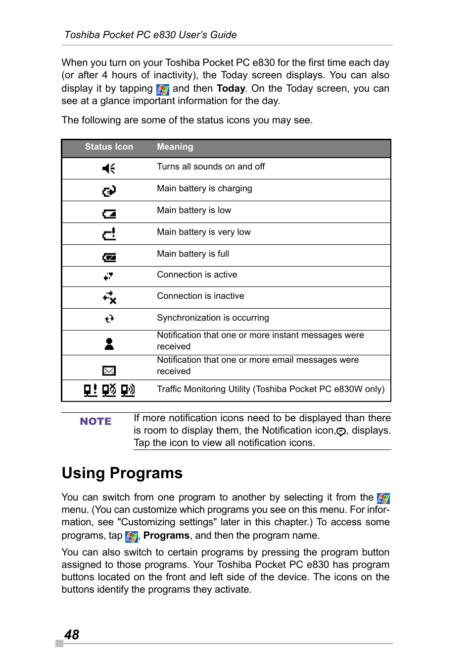 Using programs | Toshiba Pocket Pc e830 User Manual | Page 48 / 228