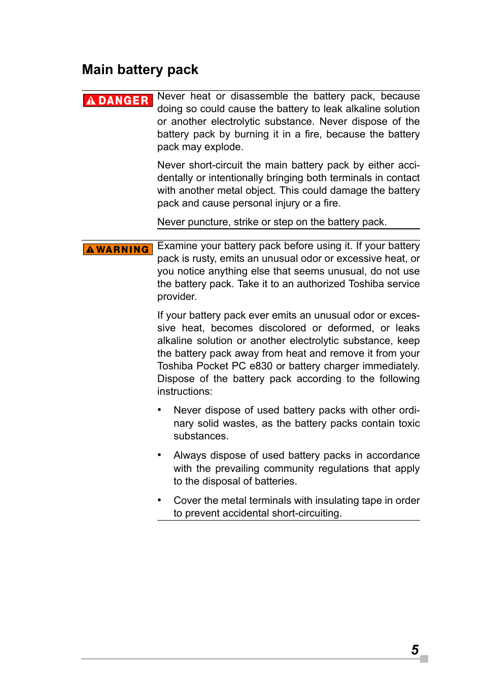 5main battery pack | Toshiba Pocket Pc e830 User Manual | Page 5 / 228