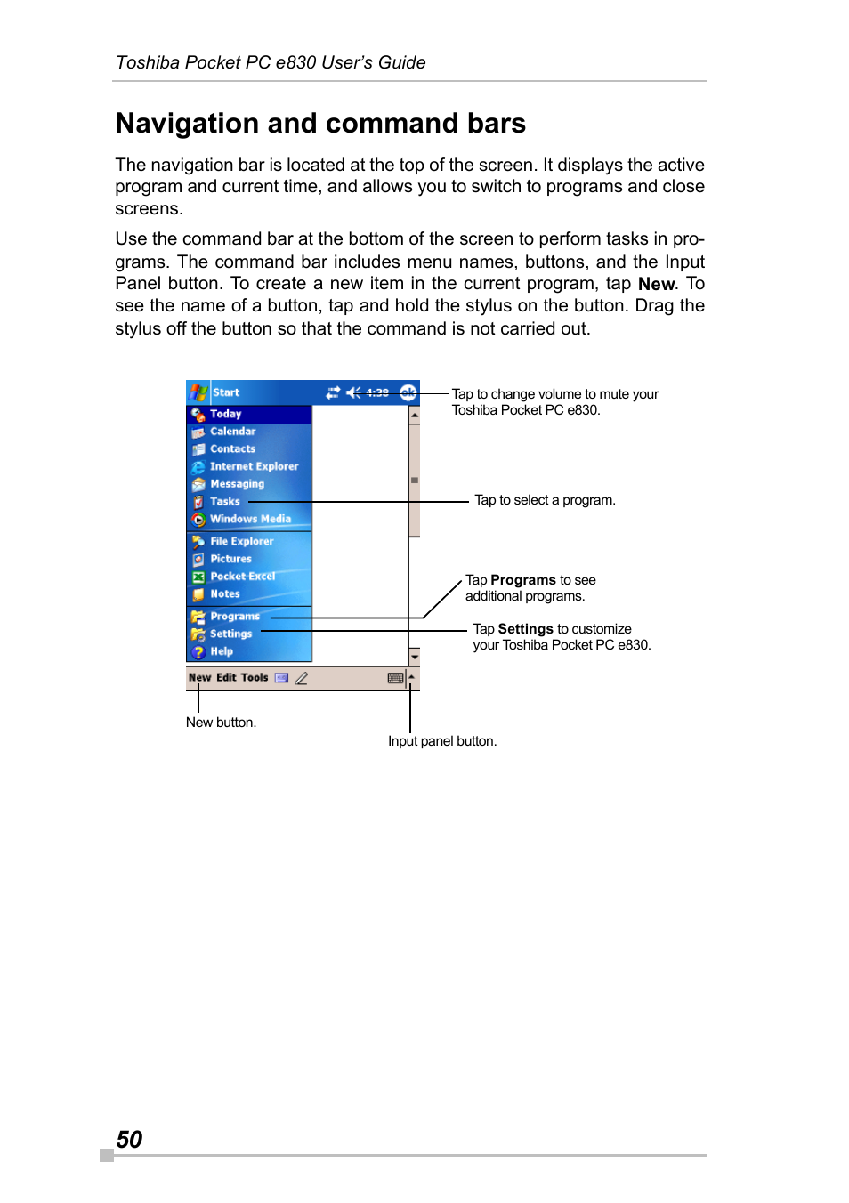 Navigation and command bars | Toshiba Pocket Pc e830 User Manual | Page 50 / 228