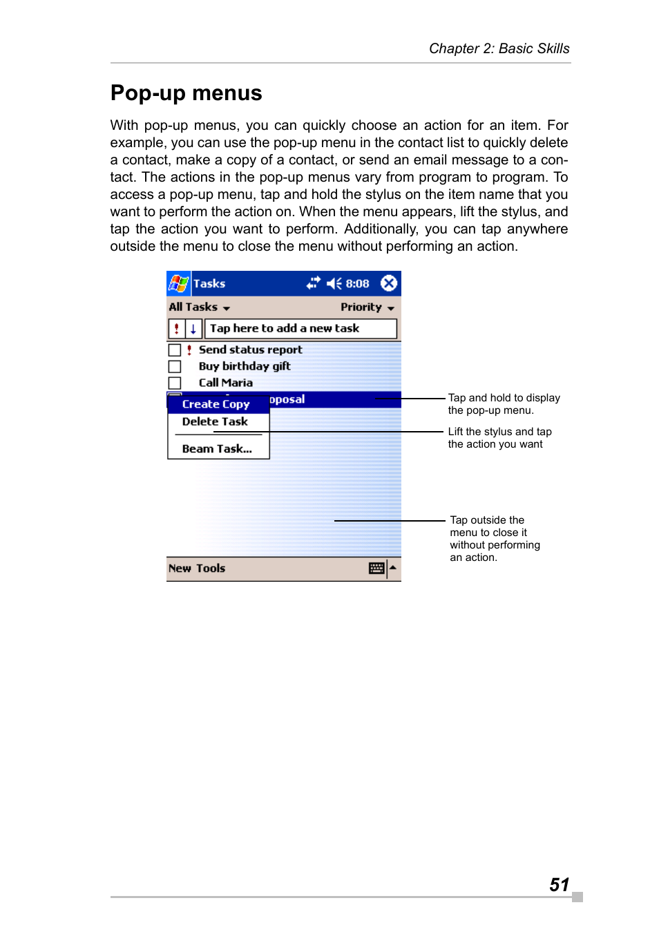 Pop-up menus | Toshiba Pocket Pc e830 User Manual | Page 51 / 228