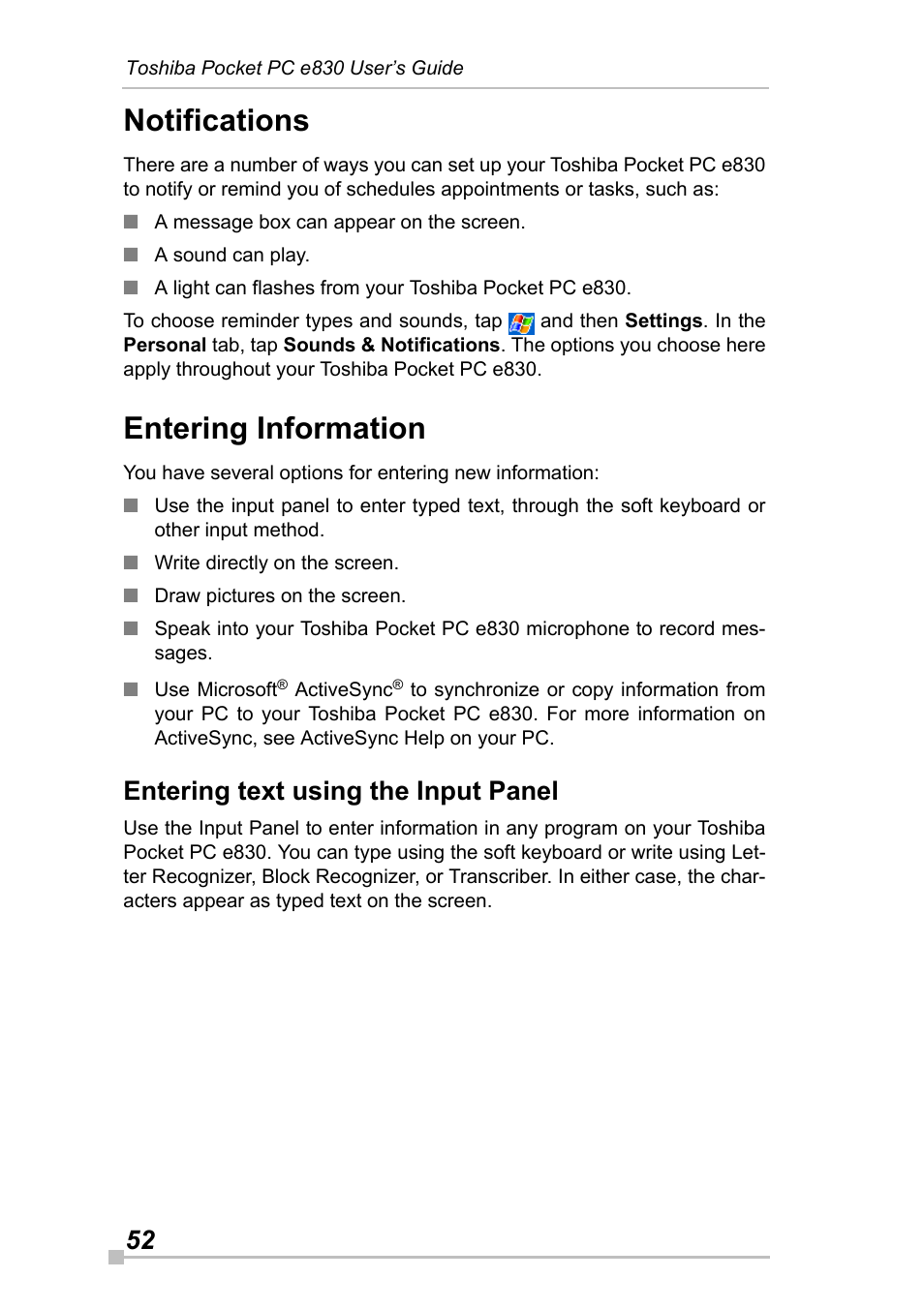 Notifications, Entering information, Entering text using the input panel | Toshiba Pocket Pc e830 User Manual | Page 52 / 228