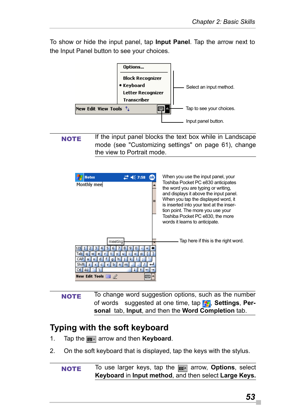 Typing with the soft keyboard | Toshiba Pocket Pc e830 User Manual | Page 53 / 228