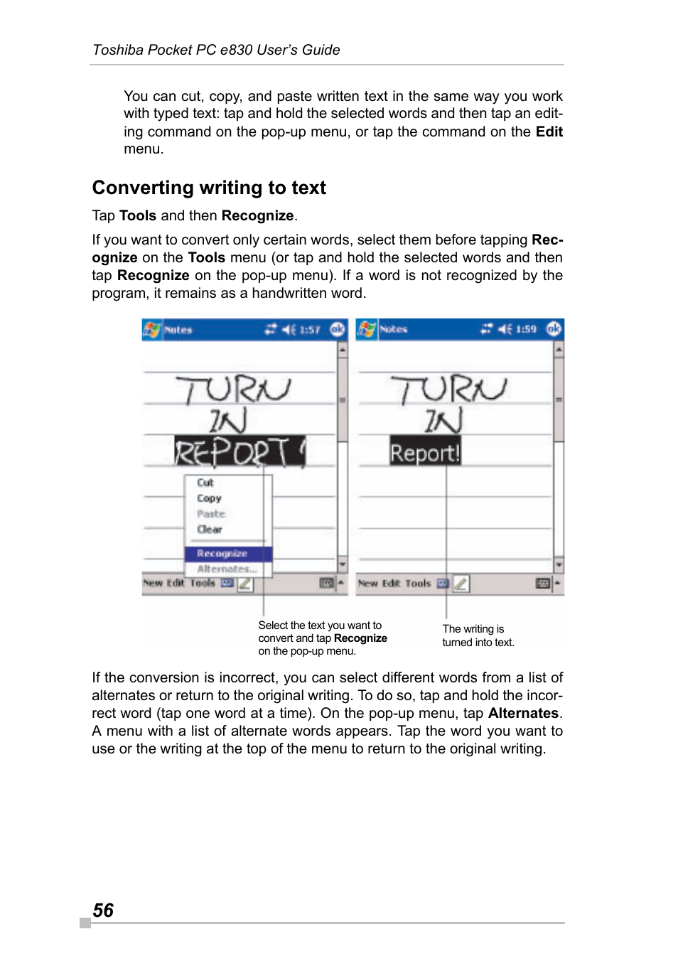 Converting writing to text | Toshiba Pocket Pc e830 User Manual | Page 56 / 228