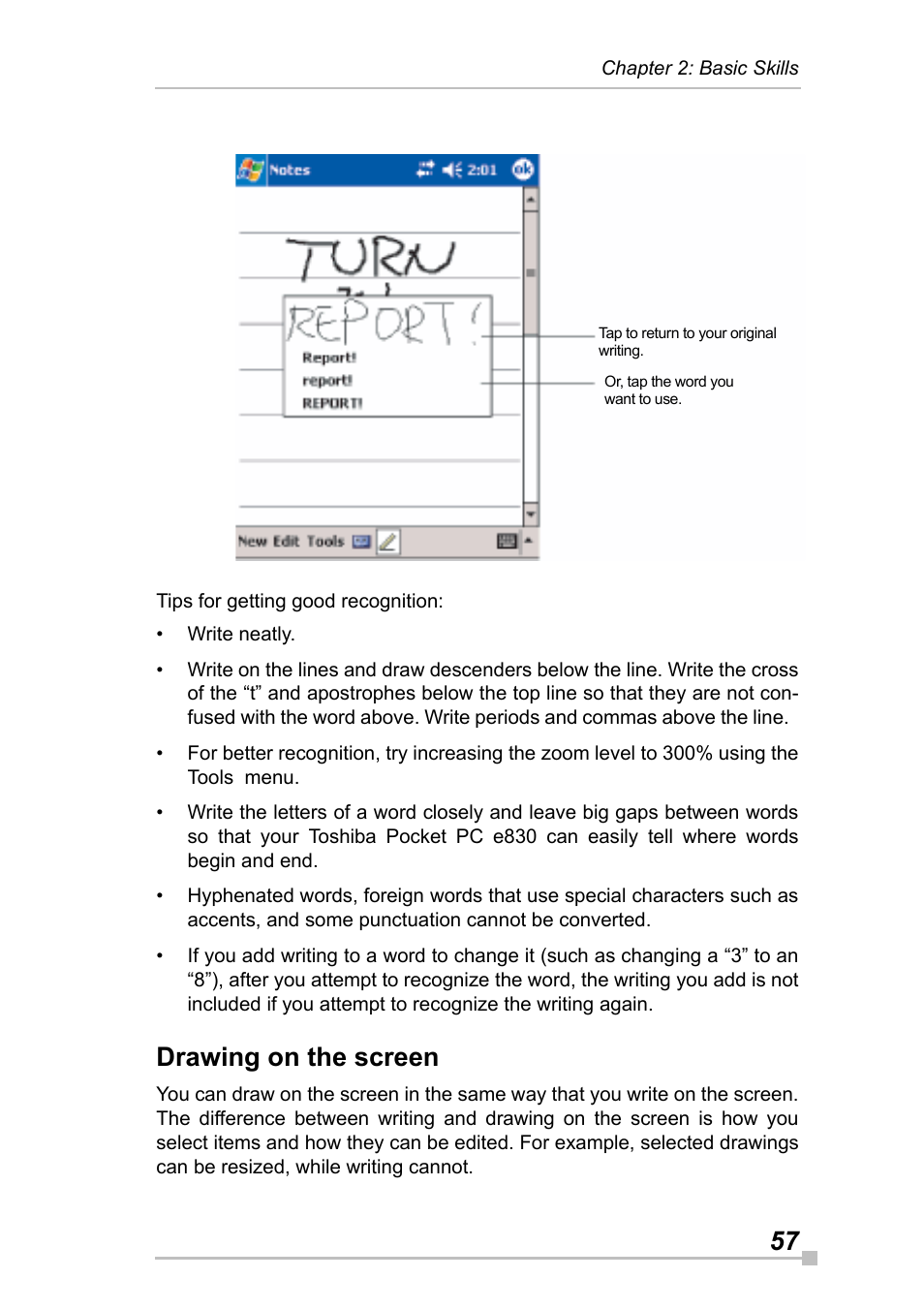 Drawing on the screen | Toshiba Pocket Pc e830 User Manual | Page 57 / 228