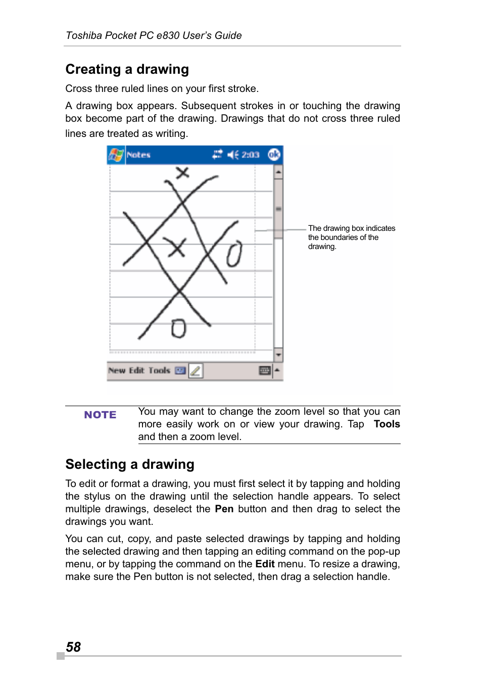 Creating a drawing, Selecting a drawing, 58 creating a drawing | Toshiba Pocket Pc e830 User Manual | Page 58 / 228