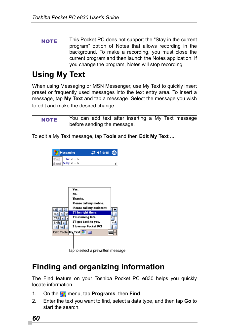 Using my text, Finding and organizing information | Toshiba Pocket Pc e830 User Manual | Page 60 / 228