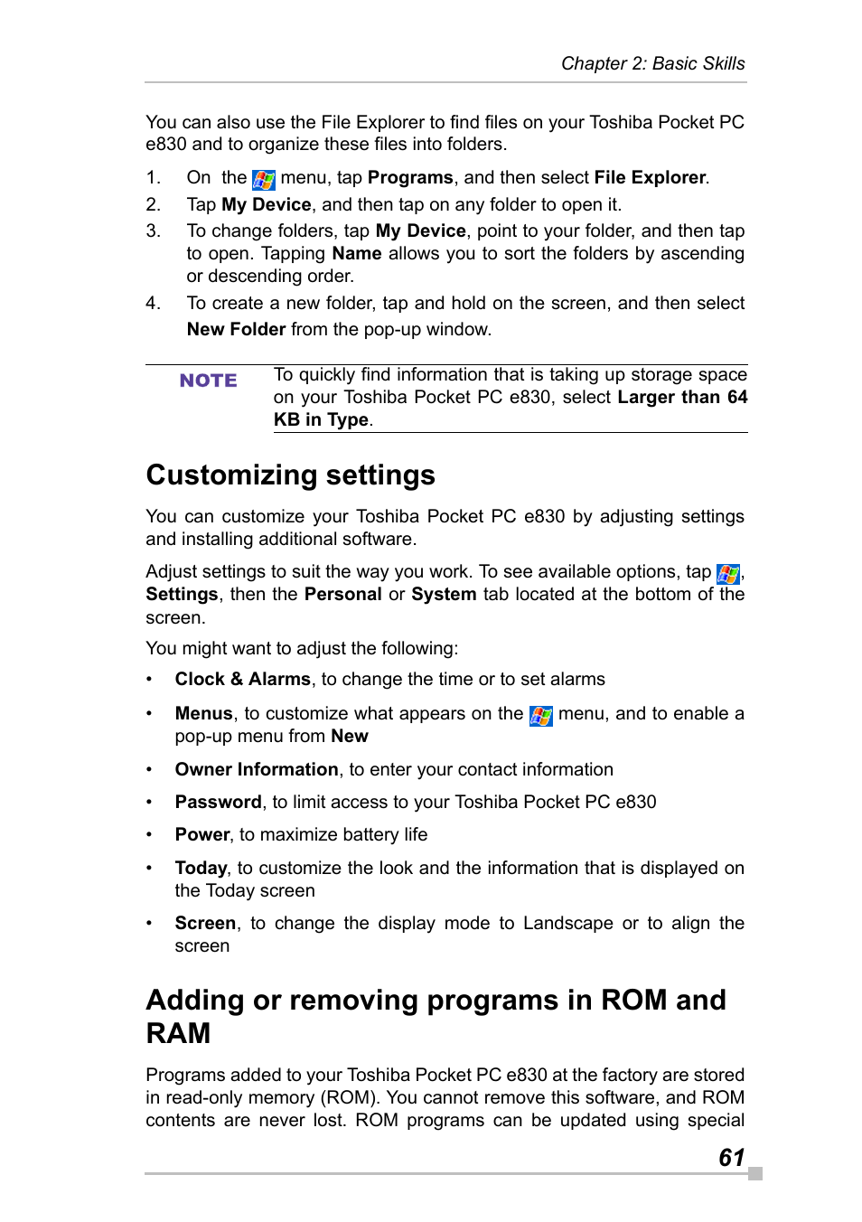 Customizing settings, Adding or removing programs in rom and ram | Toshiba Pocket Pc e830 User Manual | Page 61 / 228