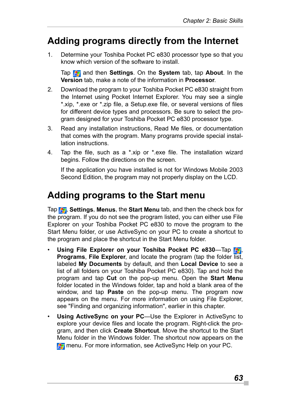 Adding programs directly from the internet, Adding programs to the start menu | Toshiba Pocket Pc e830 User Manual | Page 63 / 228