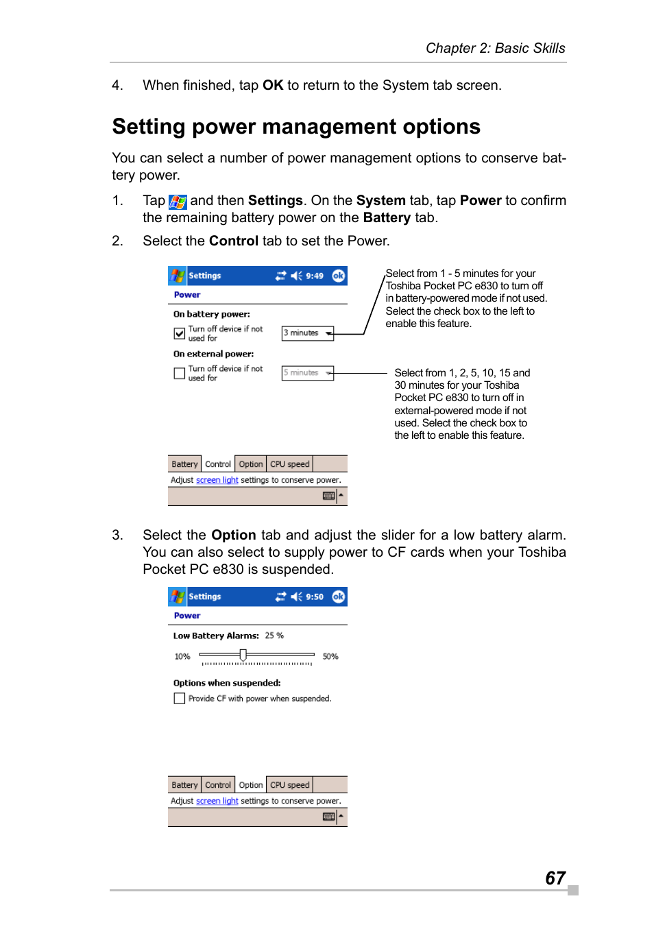 Setting power management options | Toshiba Pocket Pc e830 User Manual | Page 67 / 228