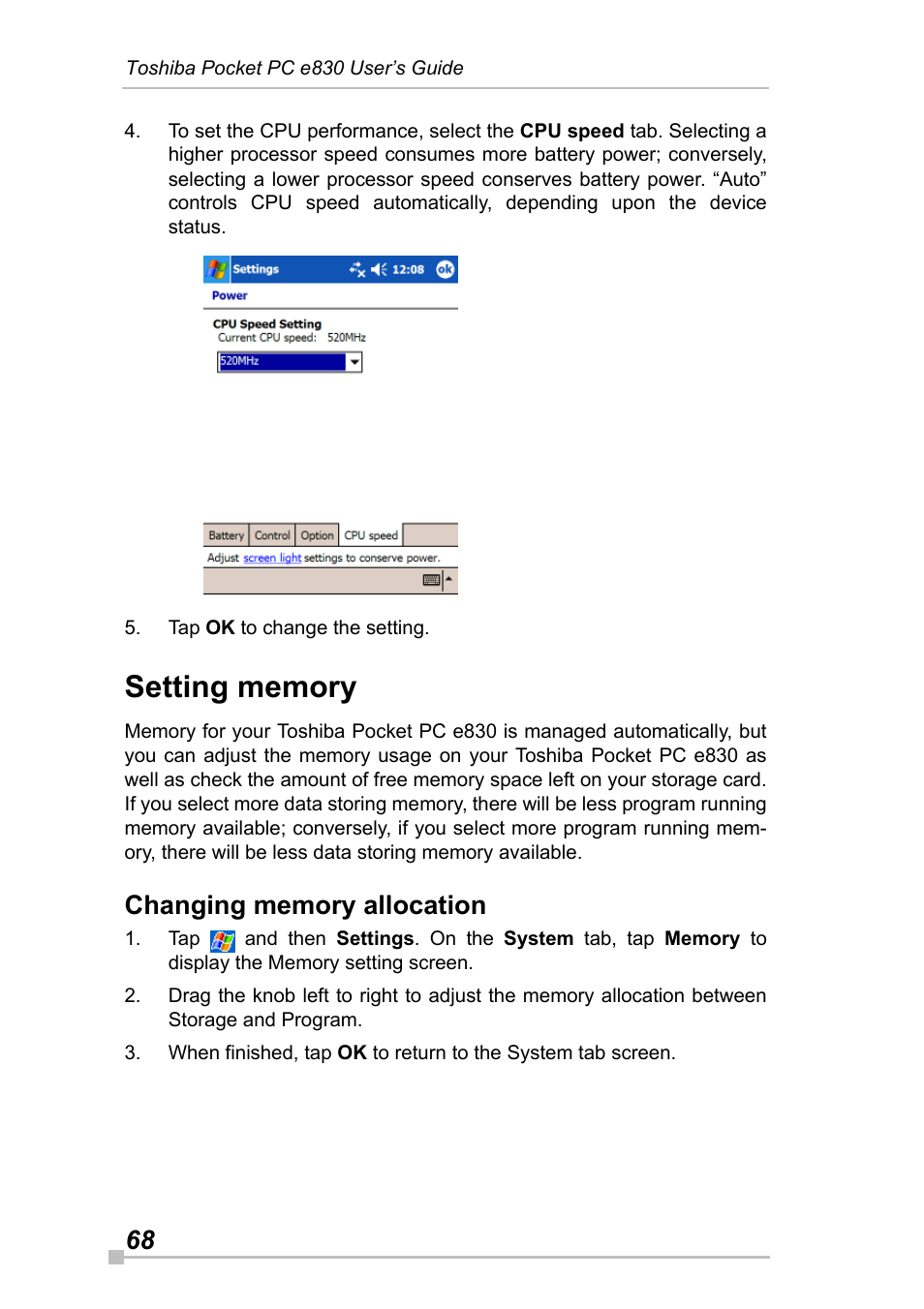 Setting memory, Changing memory allocation | Toshiba Pocket Pc e830 User Manual | Page 68 / 228