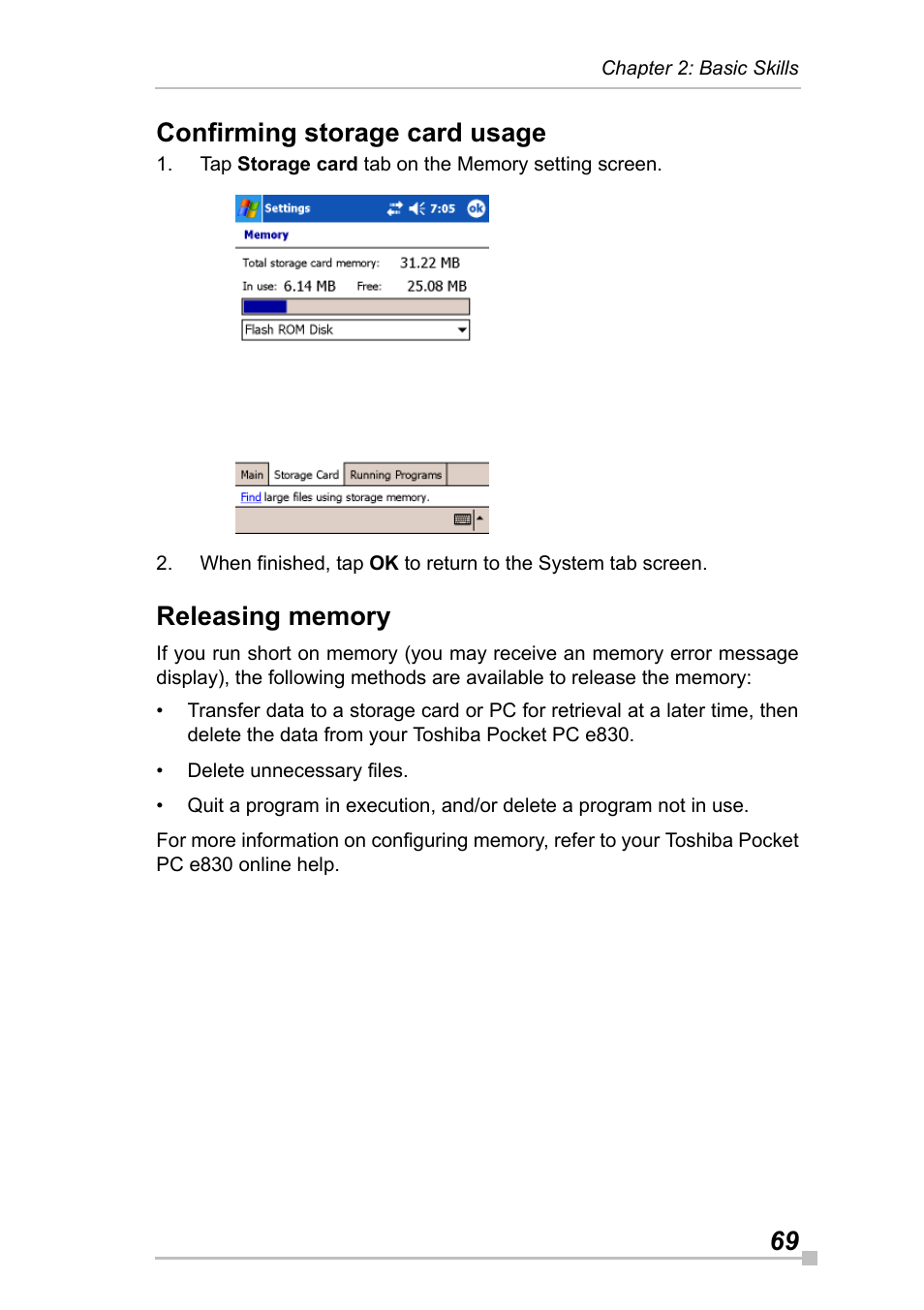 Confirming storage card usage, Releasing memory, 69 confirming storage card usage | Toshiba Pocket Pc e830 User Manual | Page 69 / 228