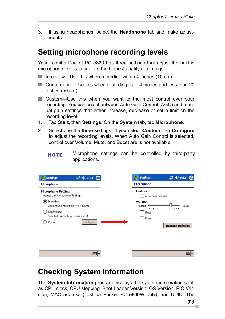 Setting microphone recording levels, Checking system information | Toshiba Pocket Pc e830 User Manual | Page 71 / 228