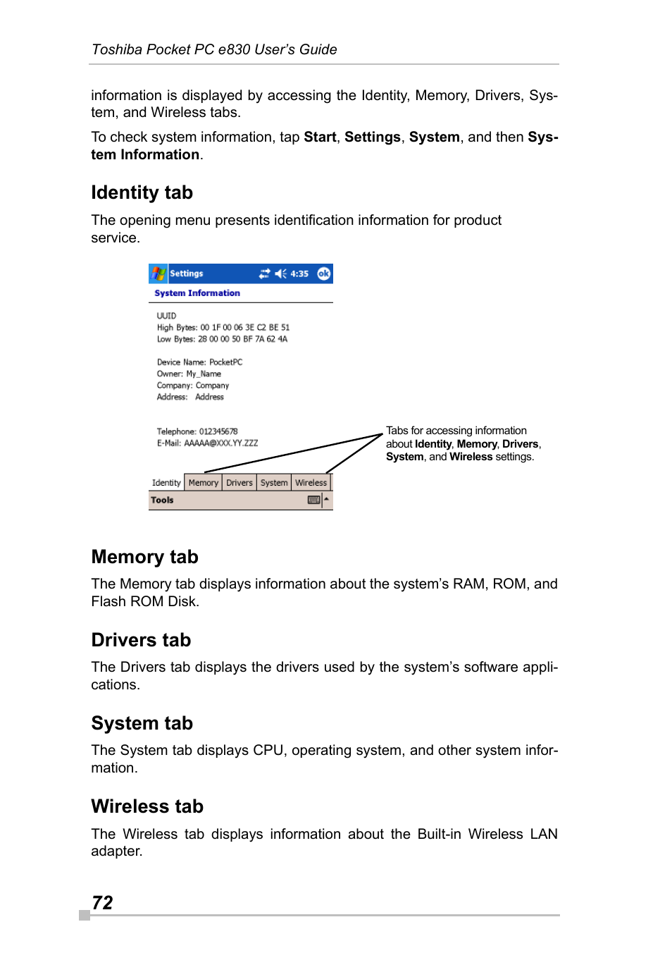 Identity tab, Memory tab, Drivers tab | System tab, Wireless tab | Toshiba Pocket Pc e830 User Manual | Page 72 / 228