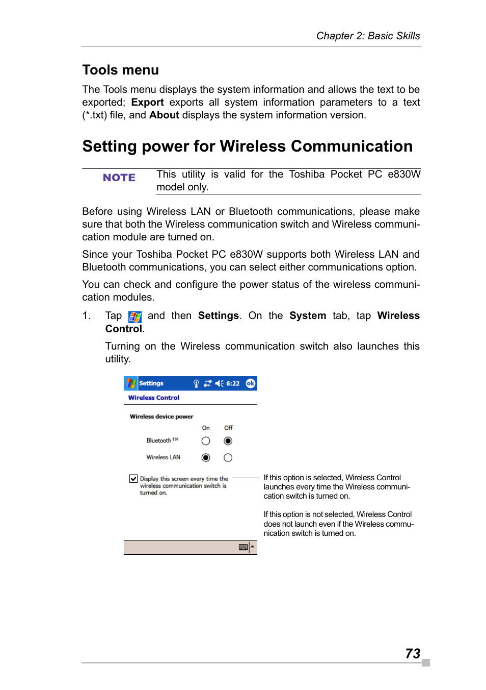 Tools menu, Setting power for wireless communication, 73 tools menu | Toshiba Pocket Pc e830 User Manual | Page 73 / 228