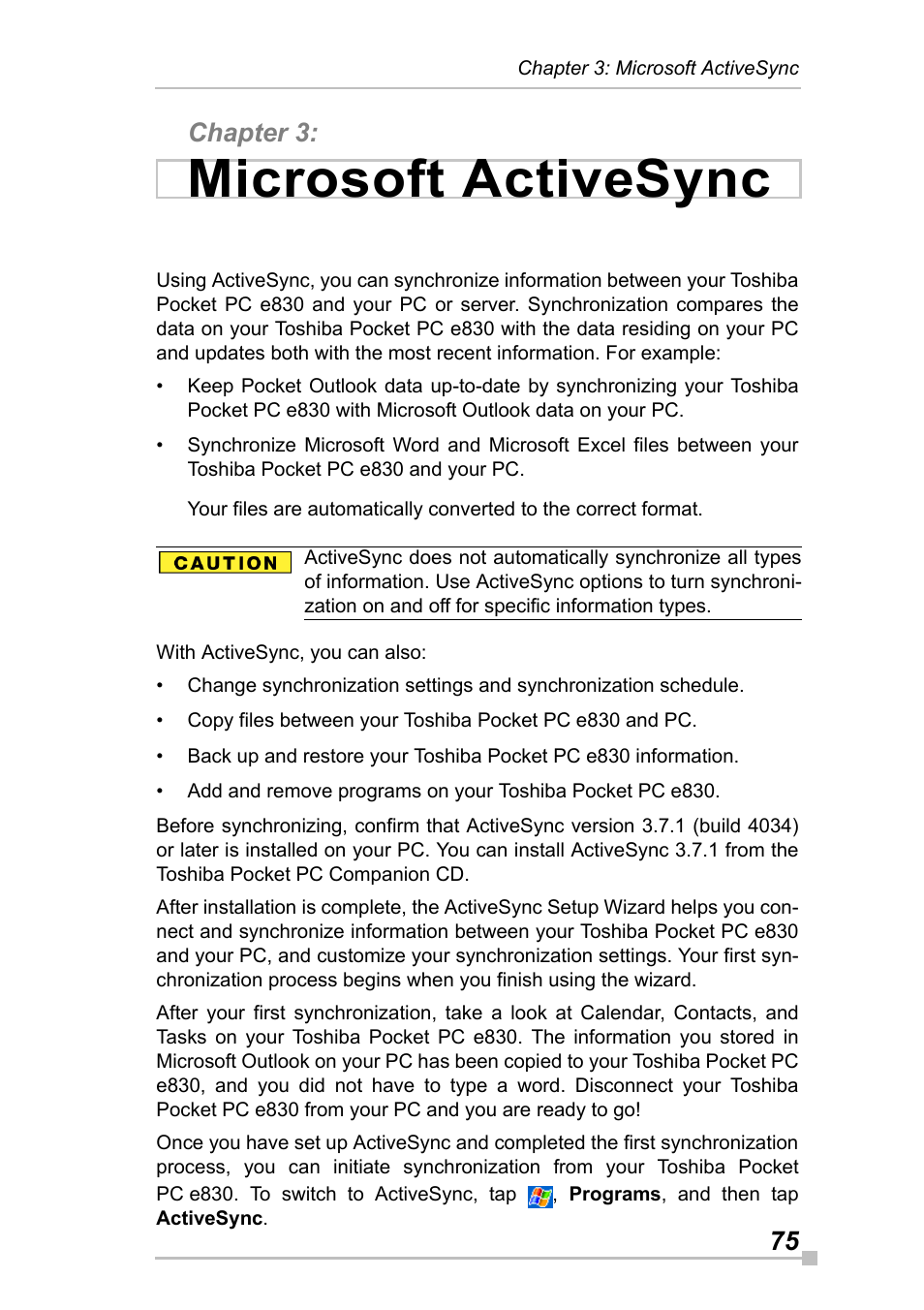 Chapter 3: microsoft activesync, Chapter 3, Microsoft activesync | 75 chapter 3 | Toshiba Pocket Pc e830 User Manual | Page 75 / 228