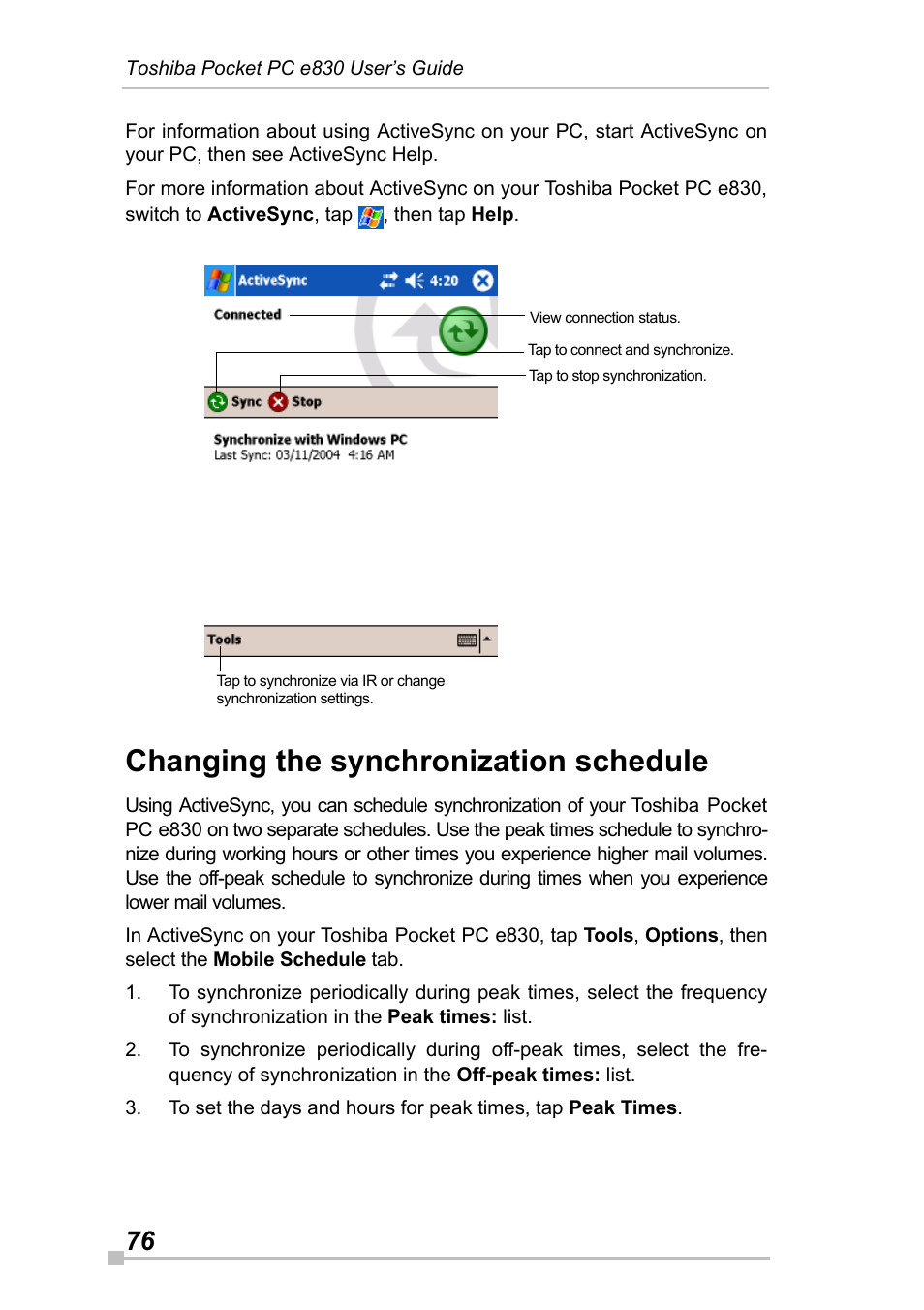 Changing the synchronization schedule | Toshiba Pocket Pc e830 User Manual | Page 76 / 228