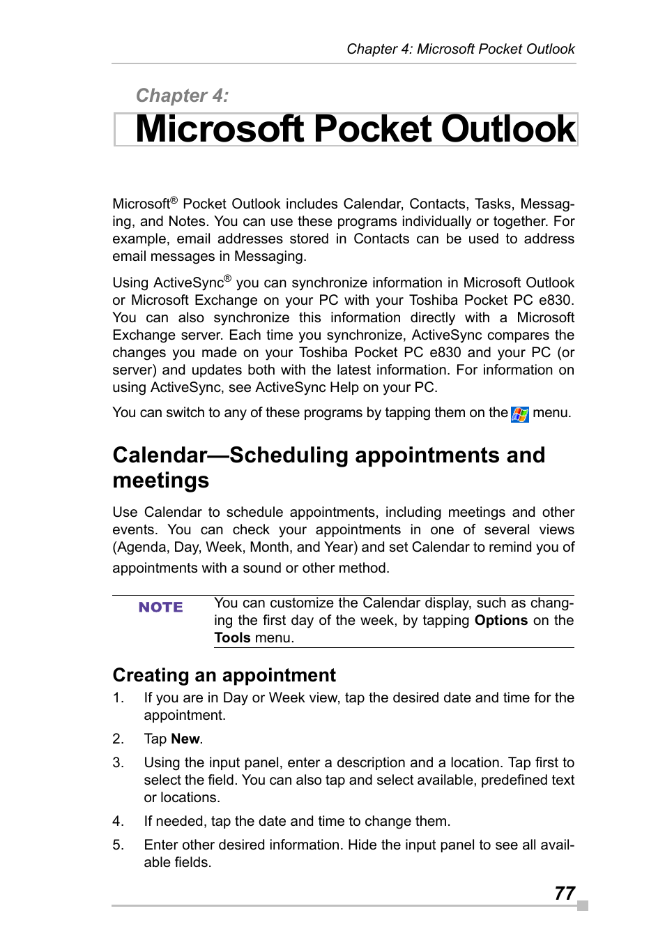 Chapter 4: microsoft pocket outlook, Calendar-scheduling appointments and meetings, Creating an appointment | Chapter 4, Microsoft pocket outlook, Calendar—scheduling appointments and meetings, 77 chapter 4 | Toshiba Pocket Pc e830 User Manual | Page 77 / 228