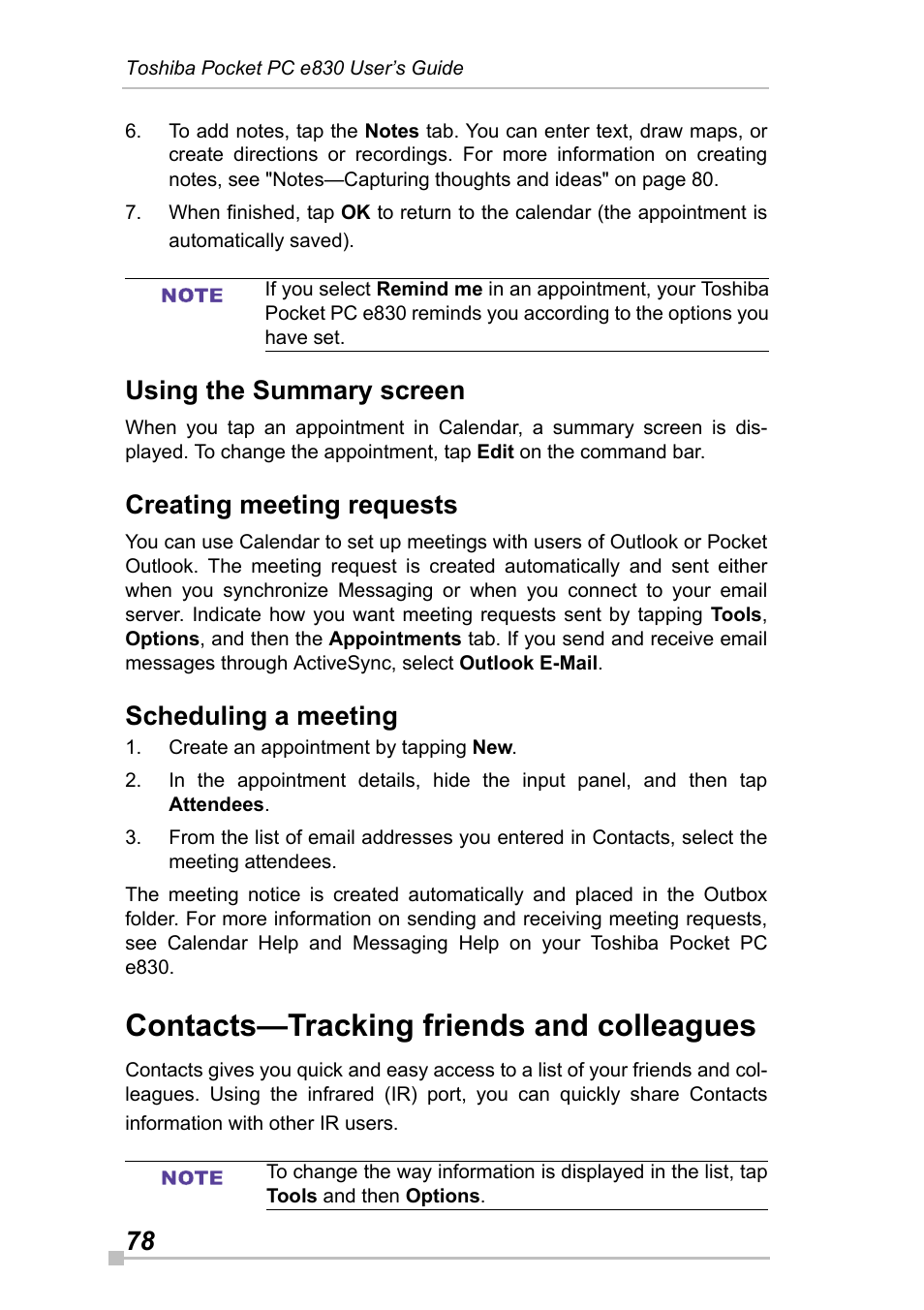 Using the summary screen, Creating meeting requests, Scheduling a meeting | Contacts-tracking friends and colleagues, Contacts—tracking friends and colleagues | Toshiba Pocket Pc e830 User Manual | Page 78 / 228