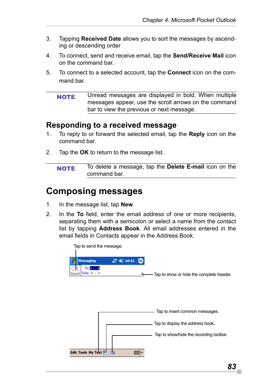 Responding to a received message, Composing messages | Toshiba Pocket Pc e830 User Manual | Page 83 / 228