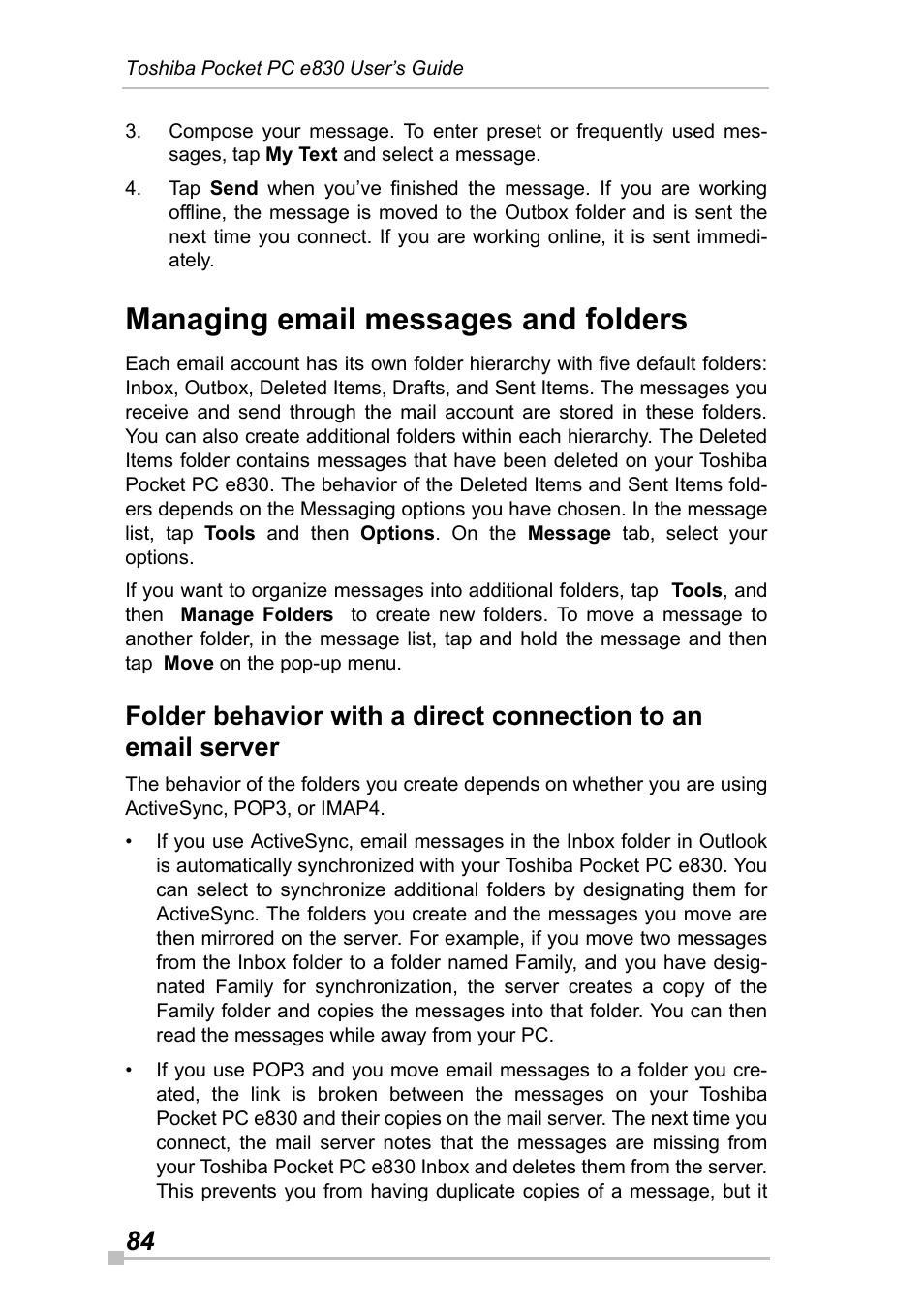 Managing email messages and folders | Toshiba Pocket Pc e830 User Manual | Page 84 / 228