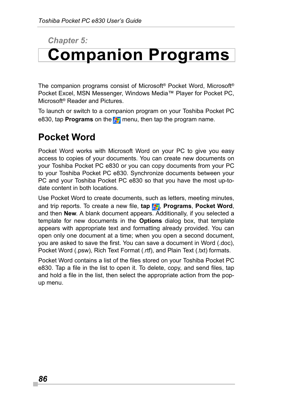 Chapter 5: companion programs, Pocket word, Chapter 5 | Companion programs, 86 chapter 5 | Toshiba Pocket Pc e830 User Manual | Page 86 / 228