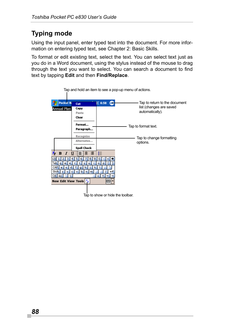 Typing mode, 88 typing mode | Toshiba Pocket Pc e830 User Manual | Page 88 / 228
