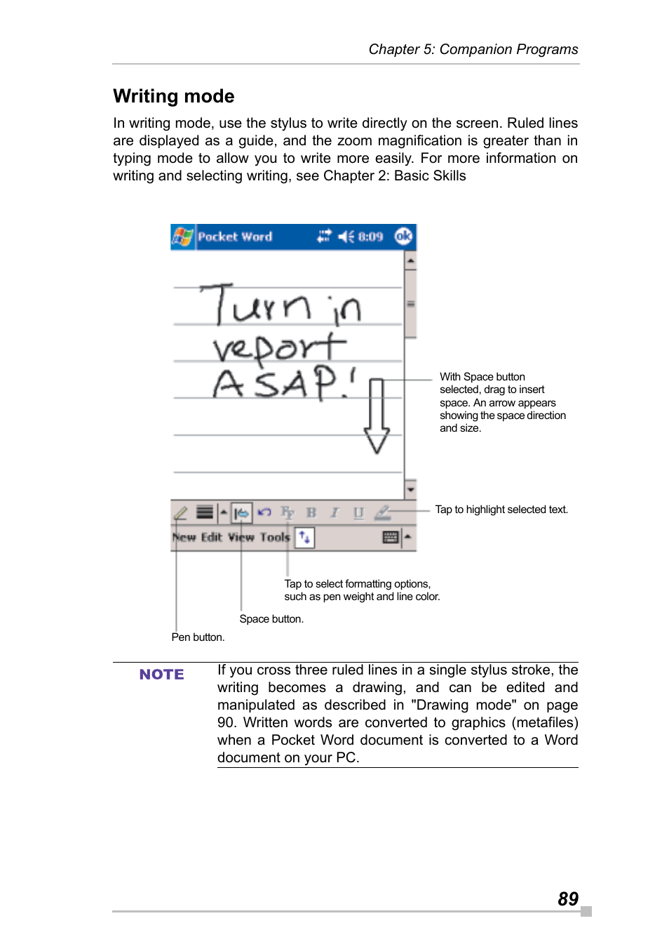 Writing mode, 89 writing mode | Toshiba Pocket Pc e830 User Manual | Page 89 / 228