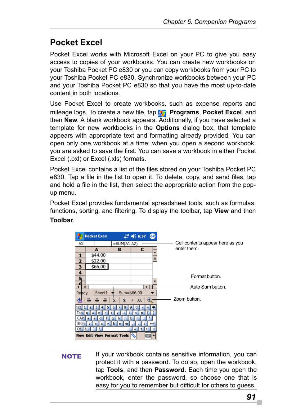 Pocket excel, 91 pocket excel | Toshiba Pocket Pc e830 User Manual | Page 91 / 228