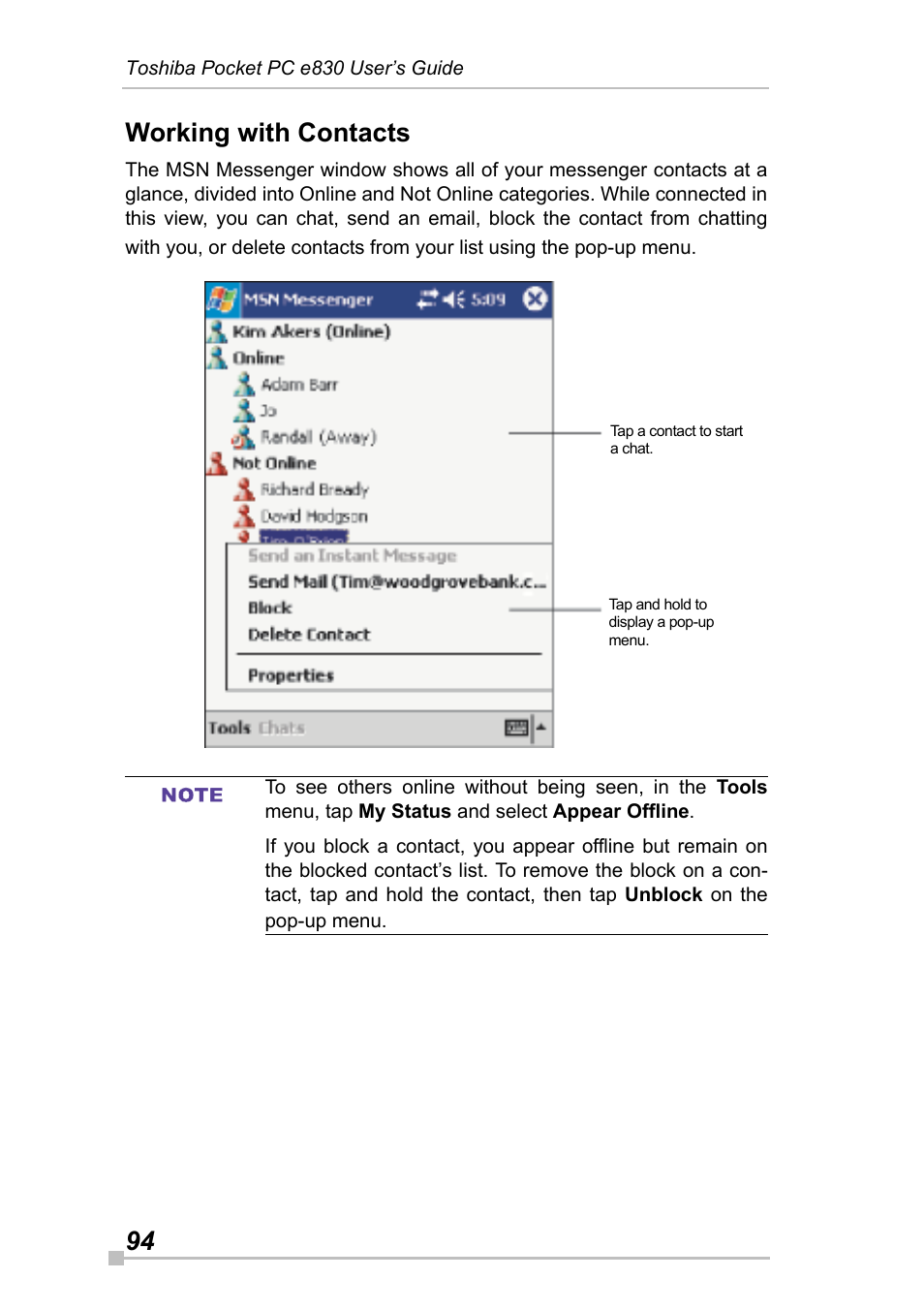 Working with contacts, 94 working with contacts | Toshiba Pocket Pc e830 User Manual | Page 94 / 228