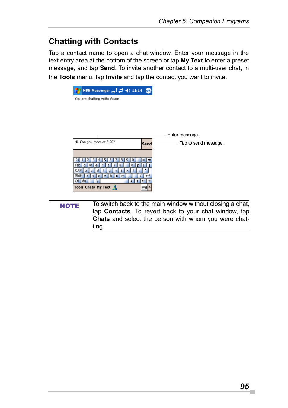 Chatting with contacts, 95 chatting with contacts | Toshiba Pocket Pc e830 User Manual | Page 95 / 228