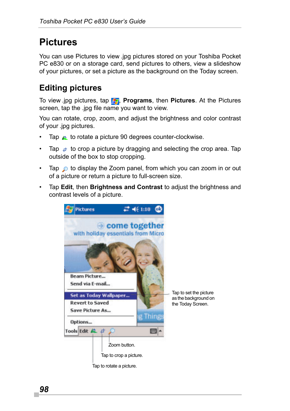 Pictures, Editing pictures | Toshiba Pocket Pc e830 User Manual | Page 98 / 228