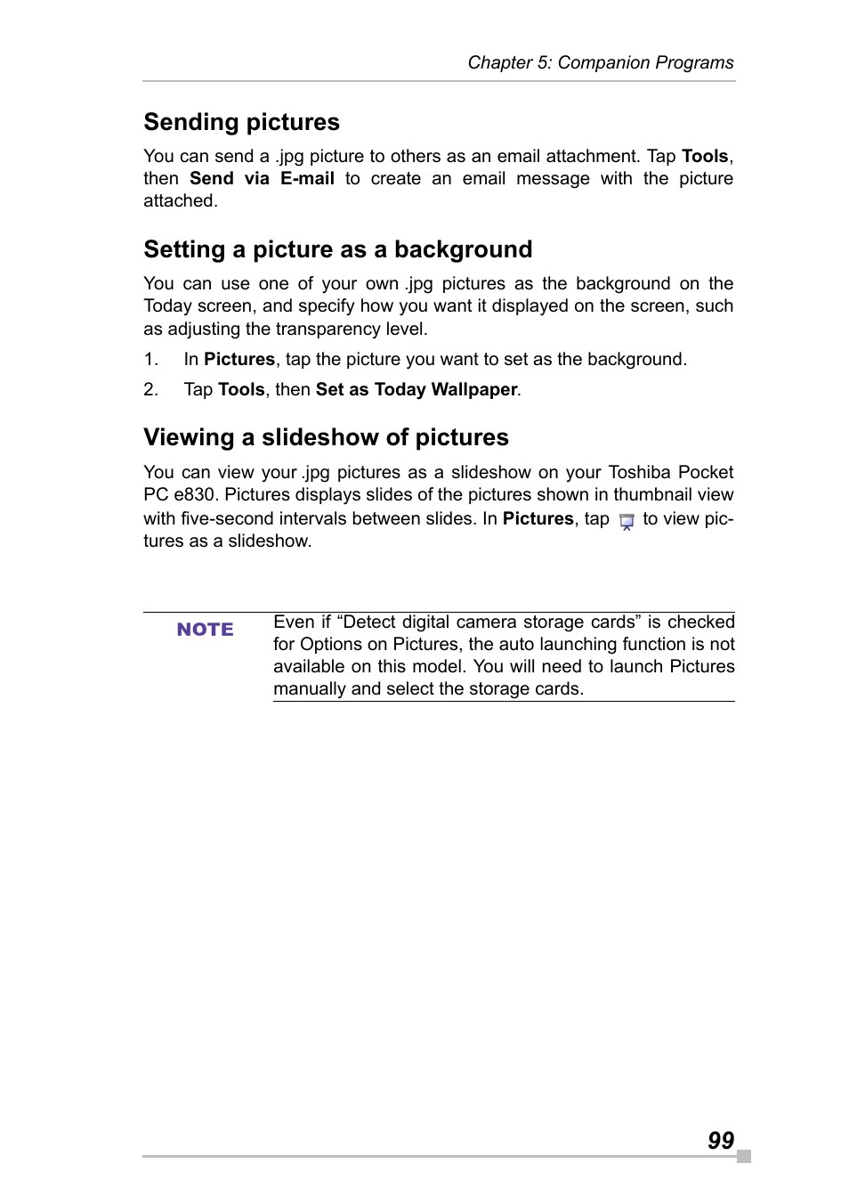 Sending pictures, Setting a picture as a background, Viewing a slideshow of pictures | 99 sending pictures | Toshiba Pocket Pc e830 User Manual | Page 99 / 228