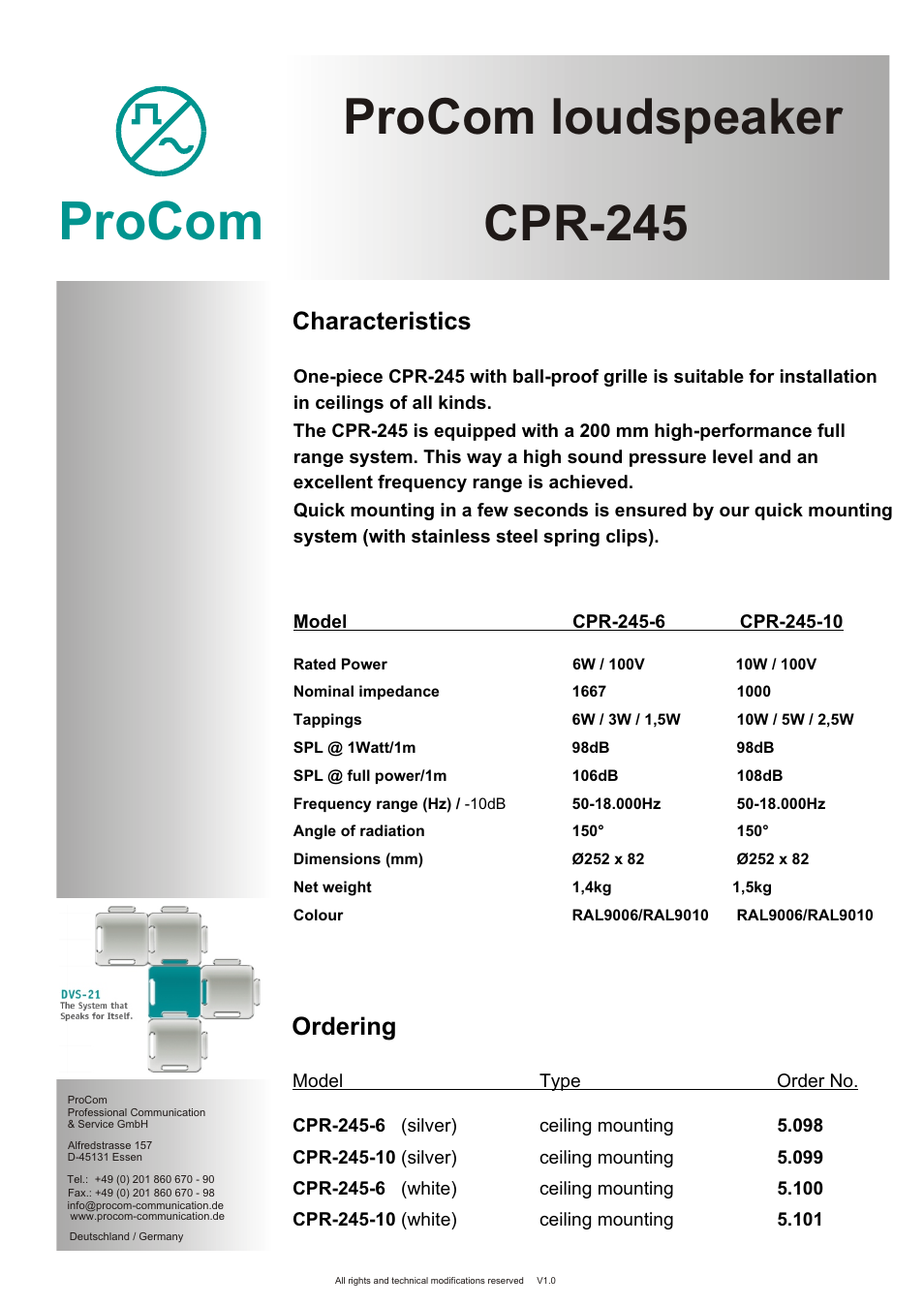Seite2, Procom, Procom loudspeaker | Cpr-245, Characteristics, Ordering | Procom CPR-245 User Manual | Page 2 / 2