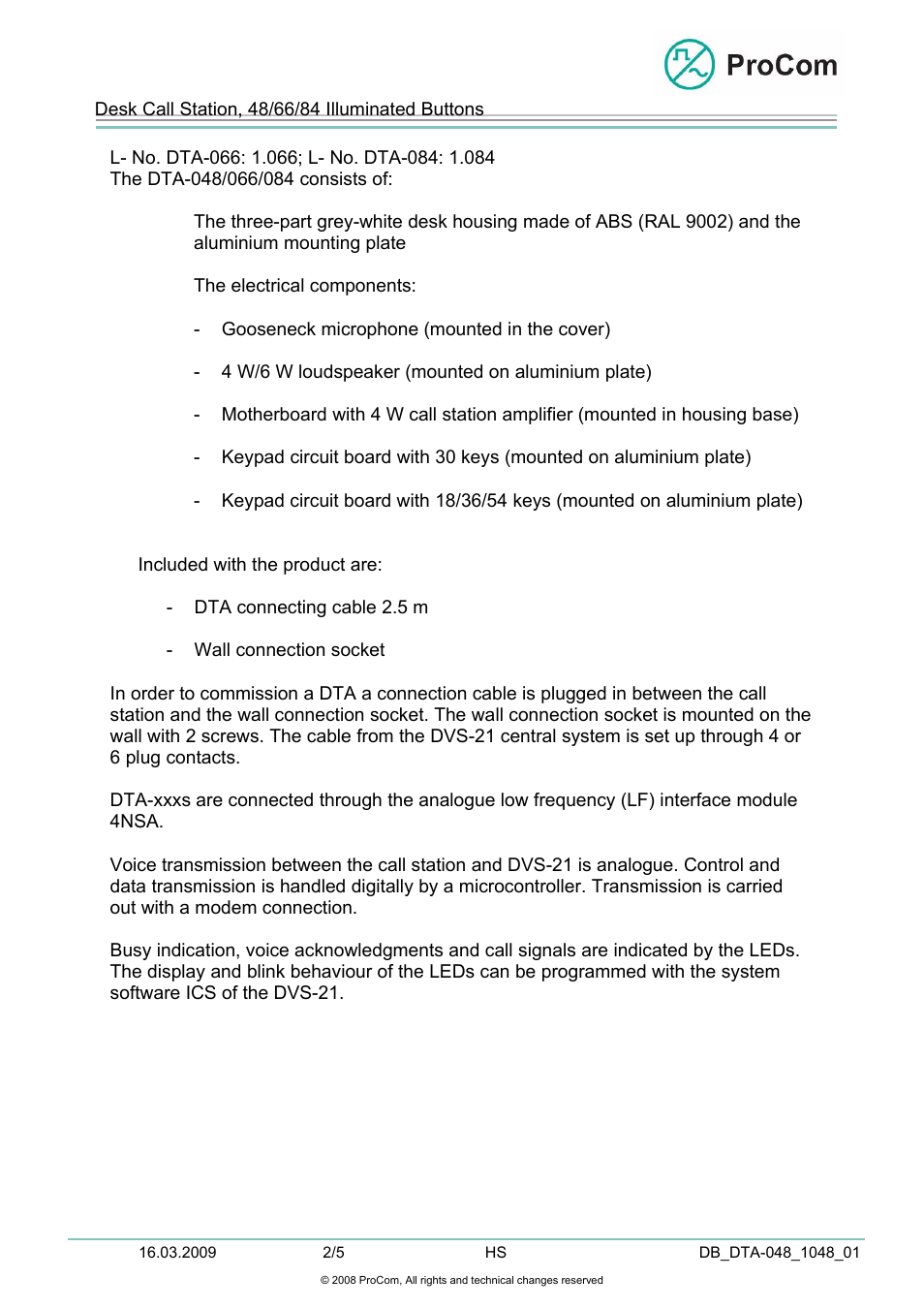 Data sheet | Procom DTA-048_066_084 User Manual | Page 2 / 5