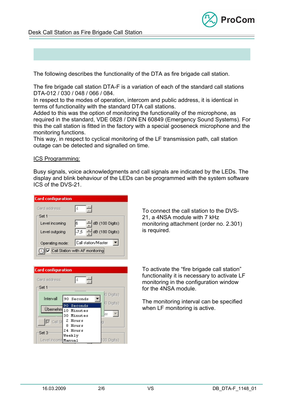 Data sheet, Dta-f, Specifications of the fire brigade call station | Procom DTA-F User Manual | Page 2 / 6