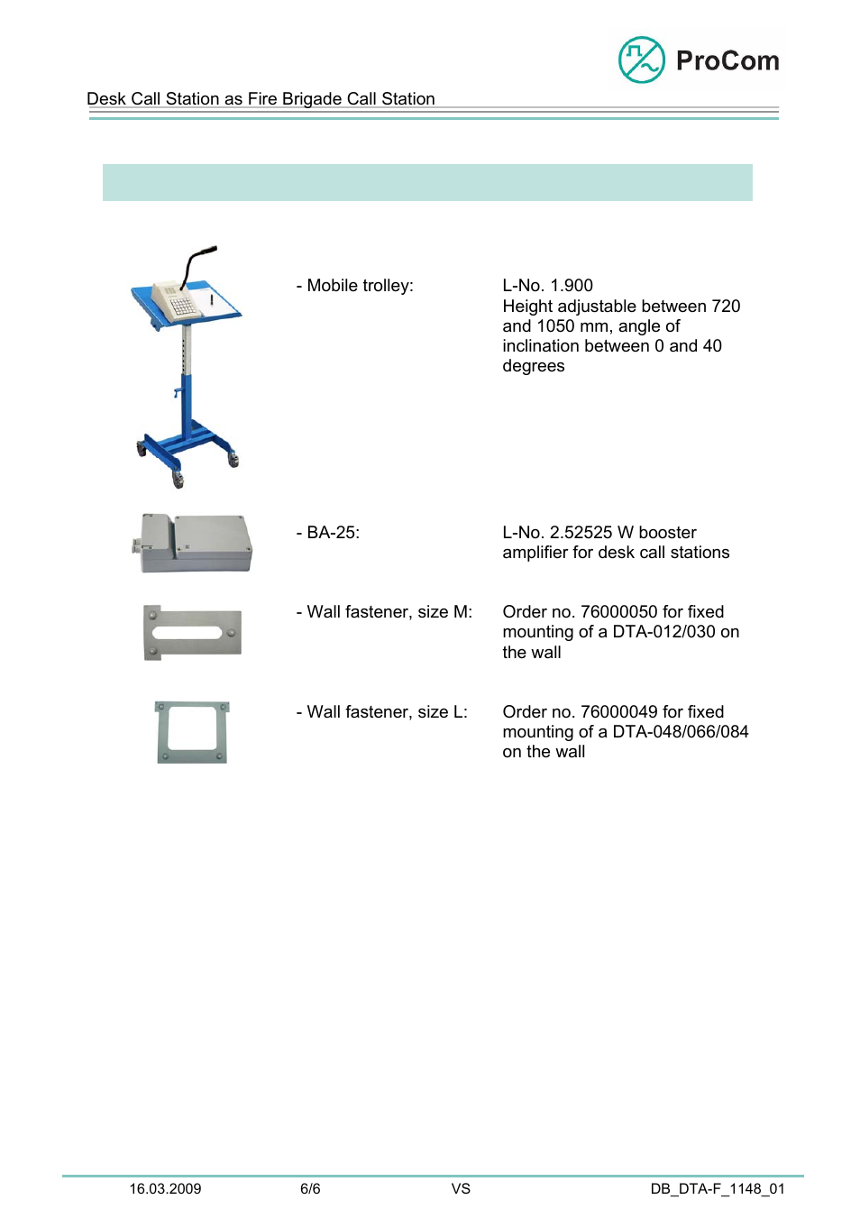 Data sheet | Procom DTA-F User Manual | Page 6 / 6