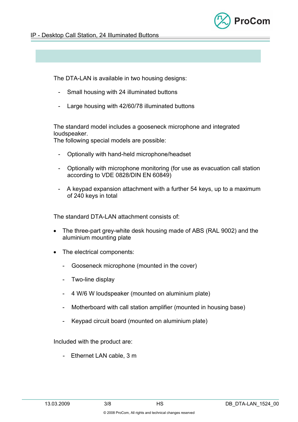 Data sheet, Dta-lan | Procom DTA-LAN User Manual | Page 3 / 8