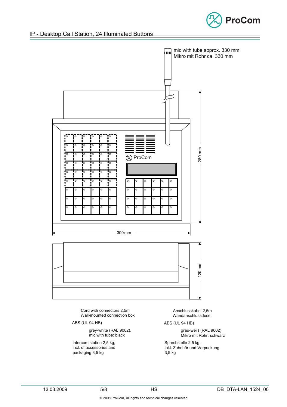 Data sheet, Dta-lan, Ip - desktop call station, 24 illuminated buttons | Procom DTA-LAN User Manual | Page 5 / 8