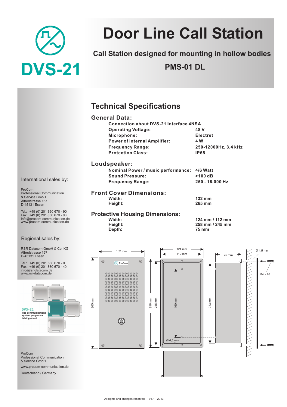 Dvs-21, Door line call station, Pms-01 dl technical specifications | General data loudspeaker | Procom PMS-01 DL User Manual | Page 2 / 2