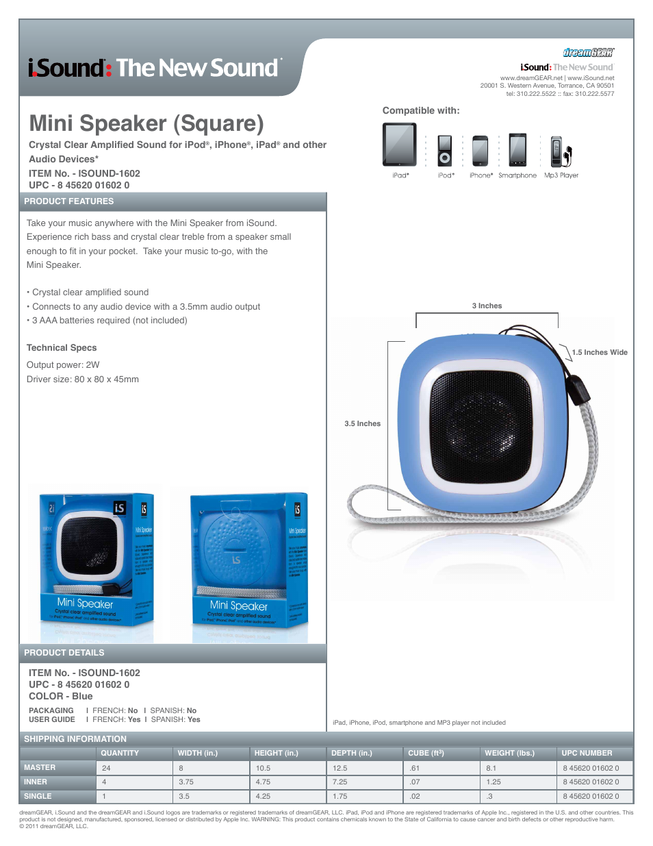 iSound Mini Speaker 1602 - Sell Sheet User Manual | 1 page