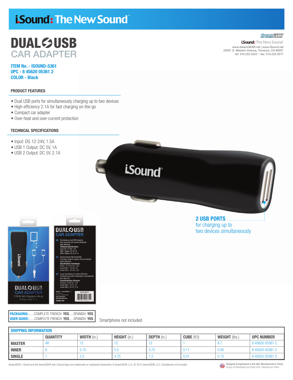 iSound Dual USB Car Adapter - Sell Sheet User Manual | 1 page