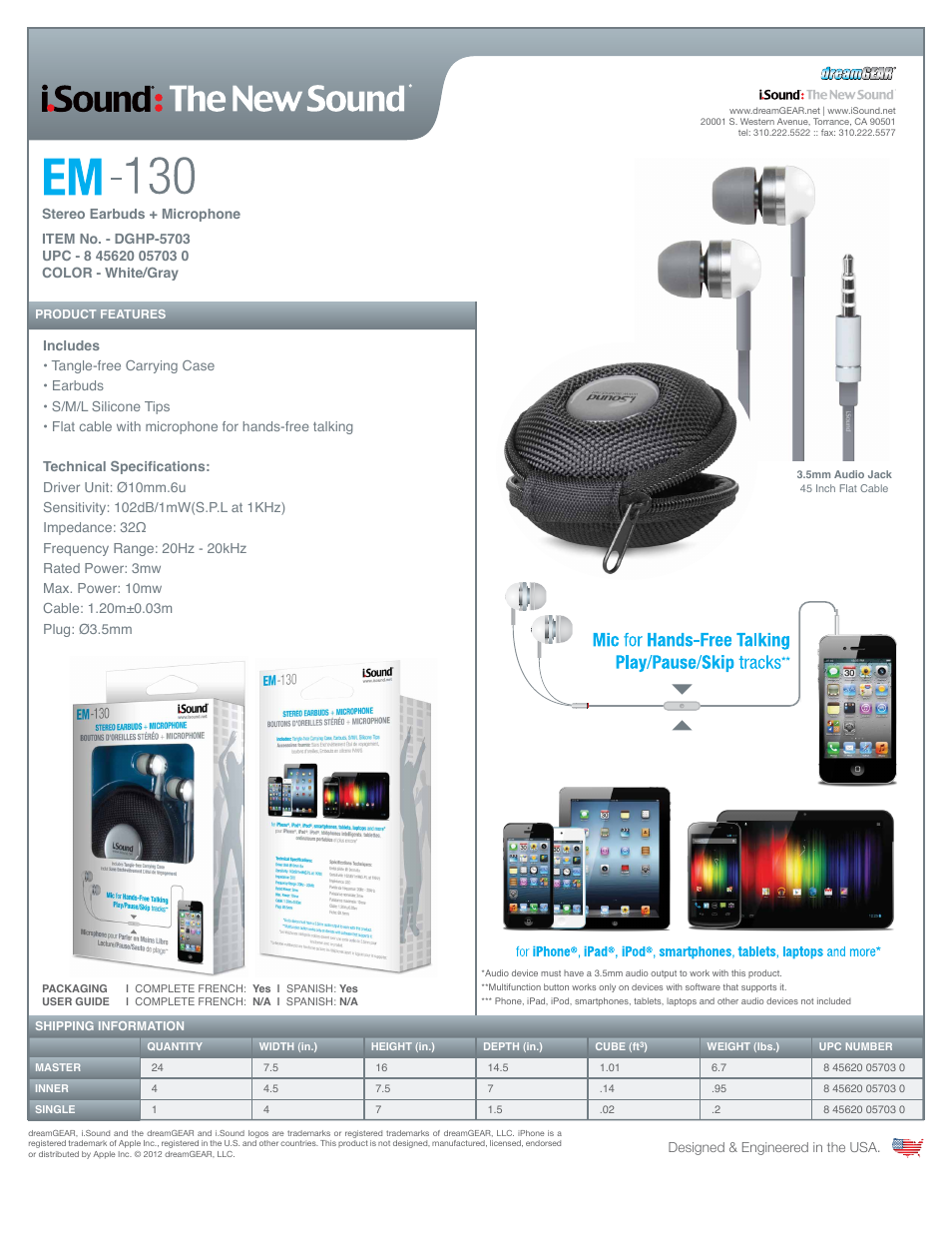 iSound EM-130 Stereo Earbuds + Microphone - Sell Sheet User Manual | 1 page