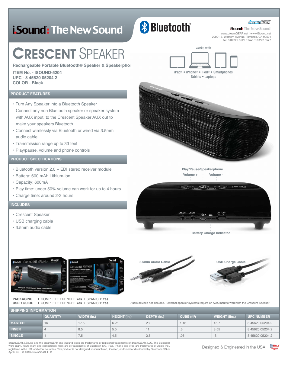 iSound Crescent Rechargeable Portable Bluetooth Speaker + Speakerphone - Sell Sheet User Manual | 1 page