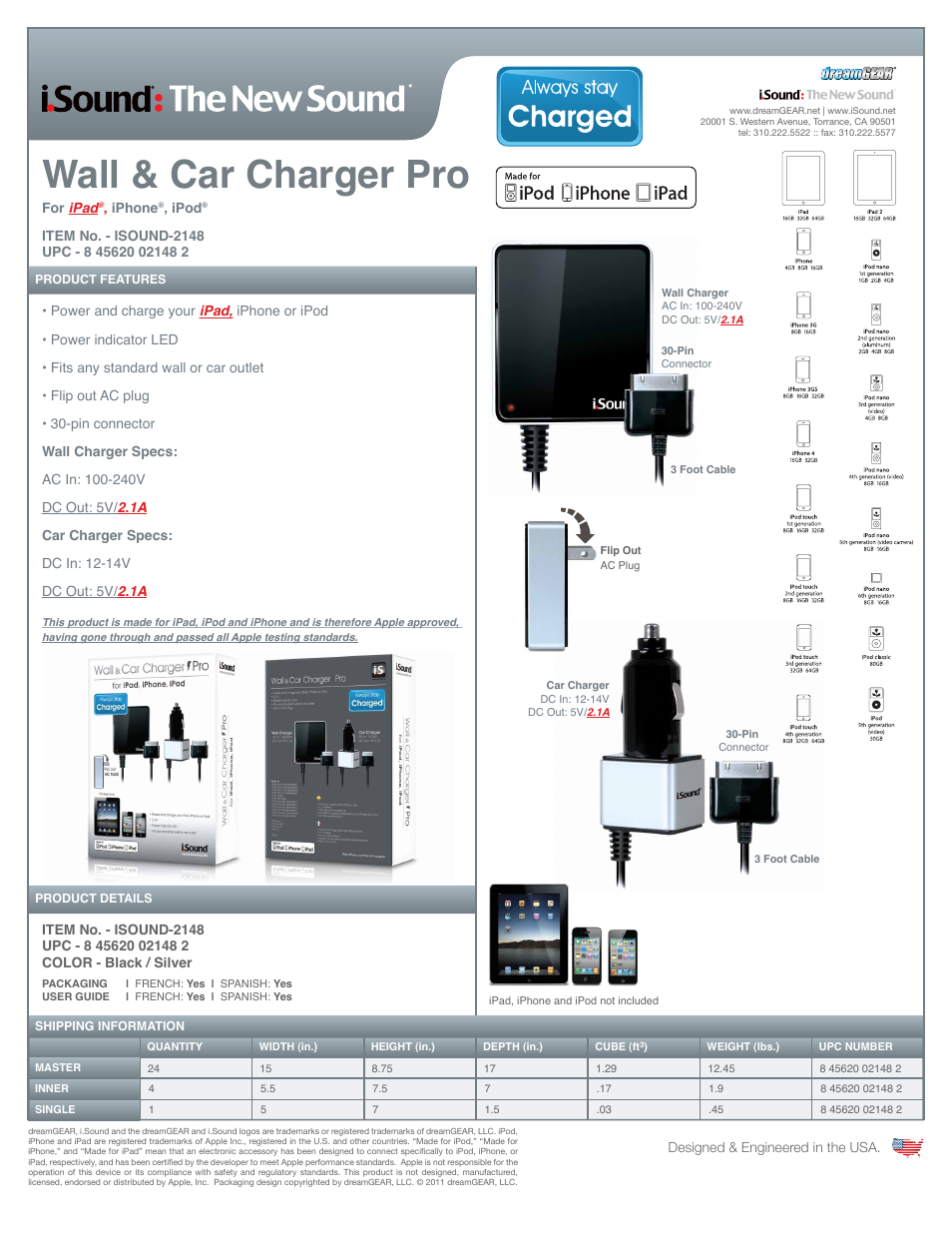 iSound Wall & Car Charger Pro for iPad, iPhone and iPod - Sell Sheet User Manual | 1 page