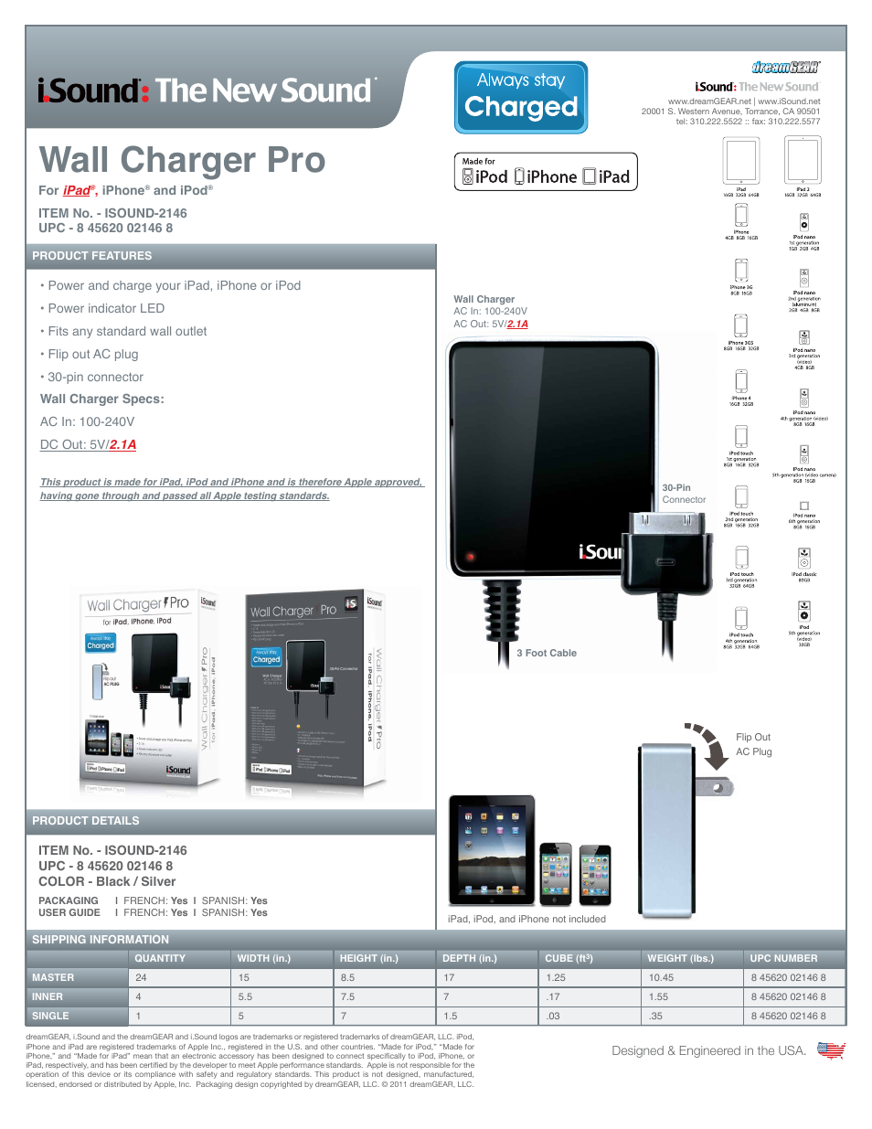 iSound Wall Charger Pro for iPad, iPhone and iPod - Sell Sheet User Manual | 1 page
