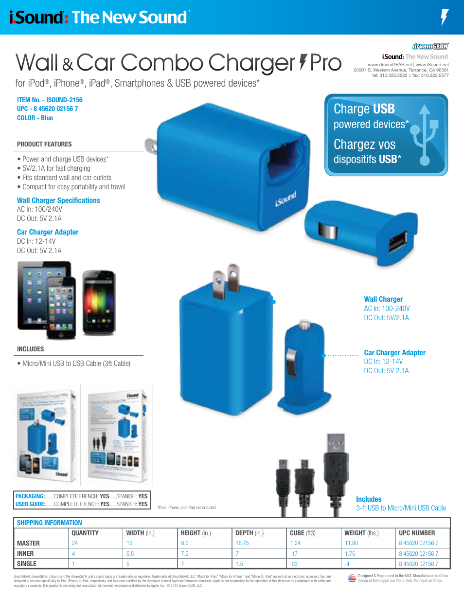 iSound Wall & Car Combo Charger Pro 2156 - Sell Sheet User Manual | 1 page