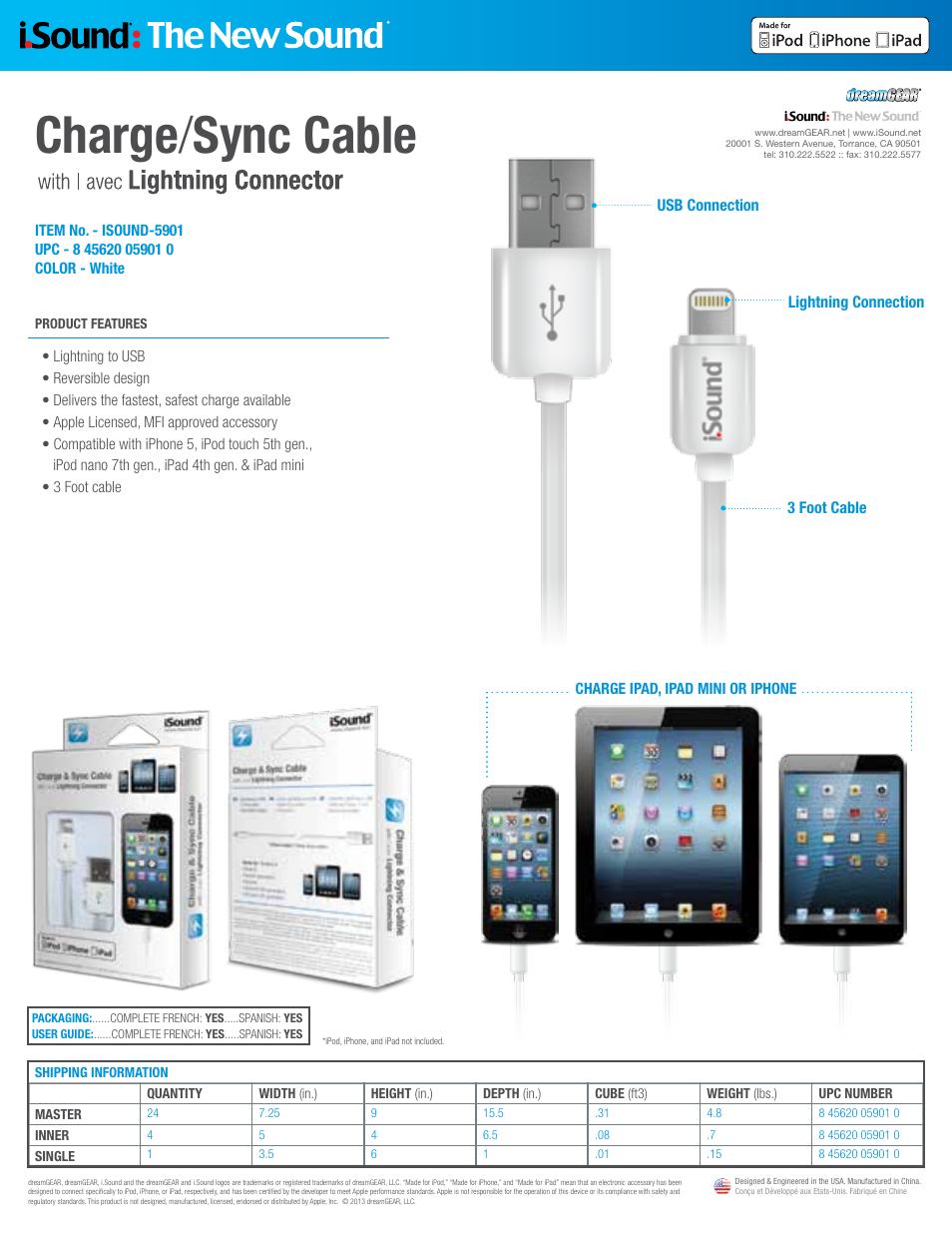 iSound Charge & Sync Cable with Lightning Connector 5901 - Sell Sheet User Manual | 1 page