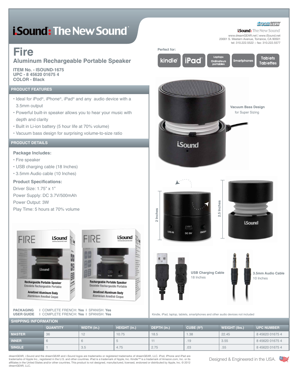 iSound Fire Speaker - Sell Sheet User Manual | 1 page