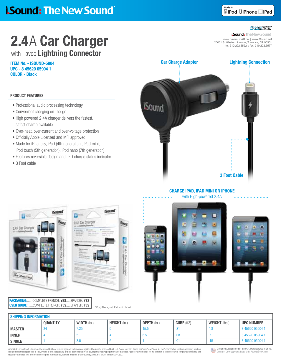 iSound 2.4A Car Charger with Lightning Connector - Sell Sheet User Manual | 1 page