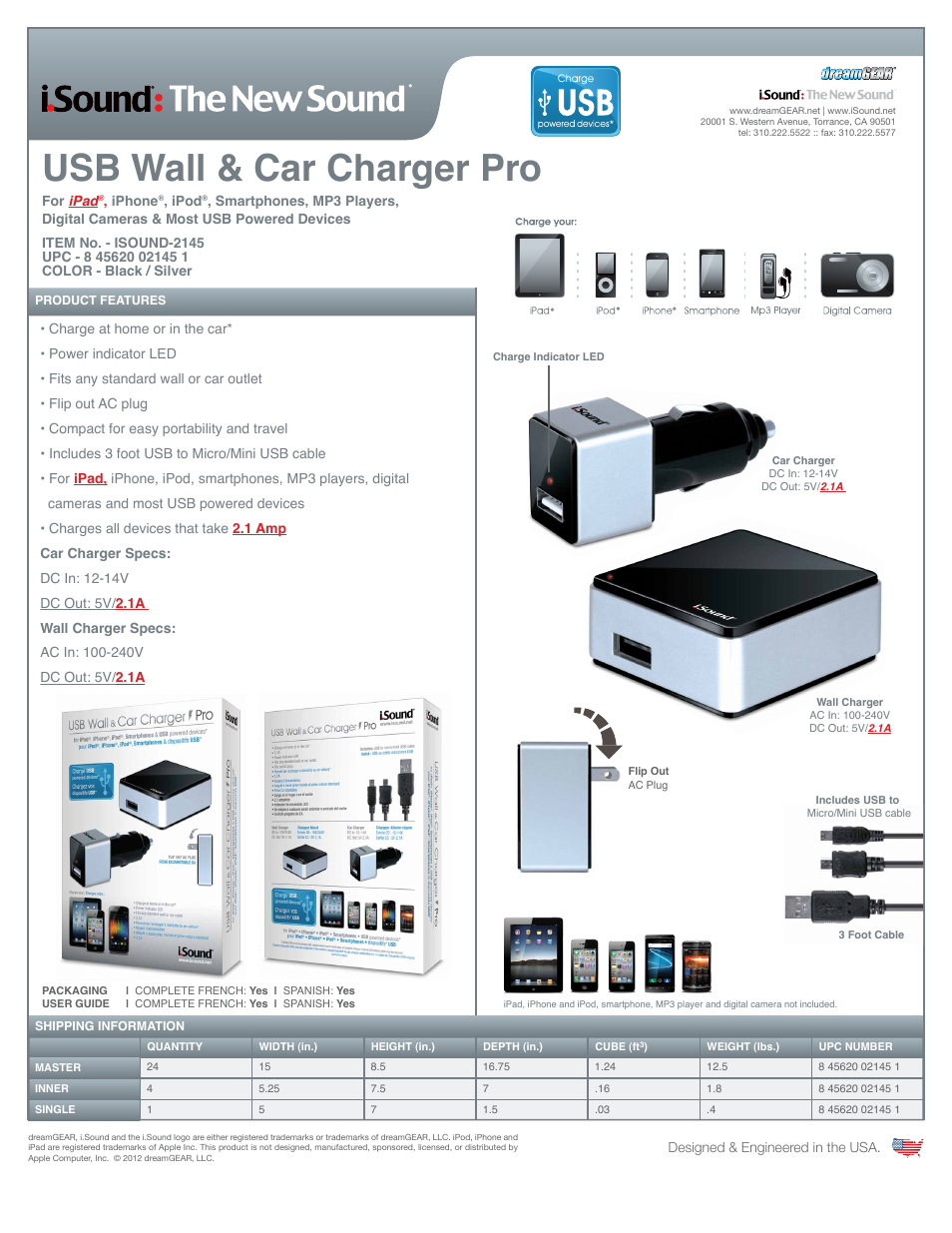 iSound Dual USB Wall & Car Charger 2145 - Sell Sheet User Manual | 1 page